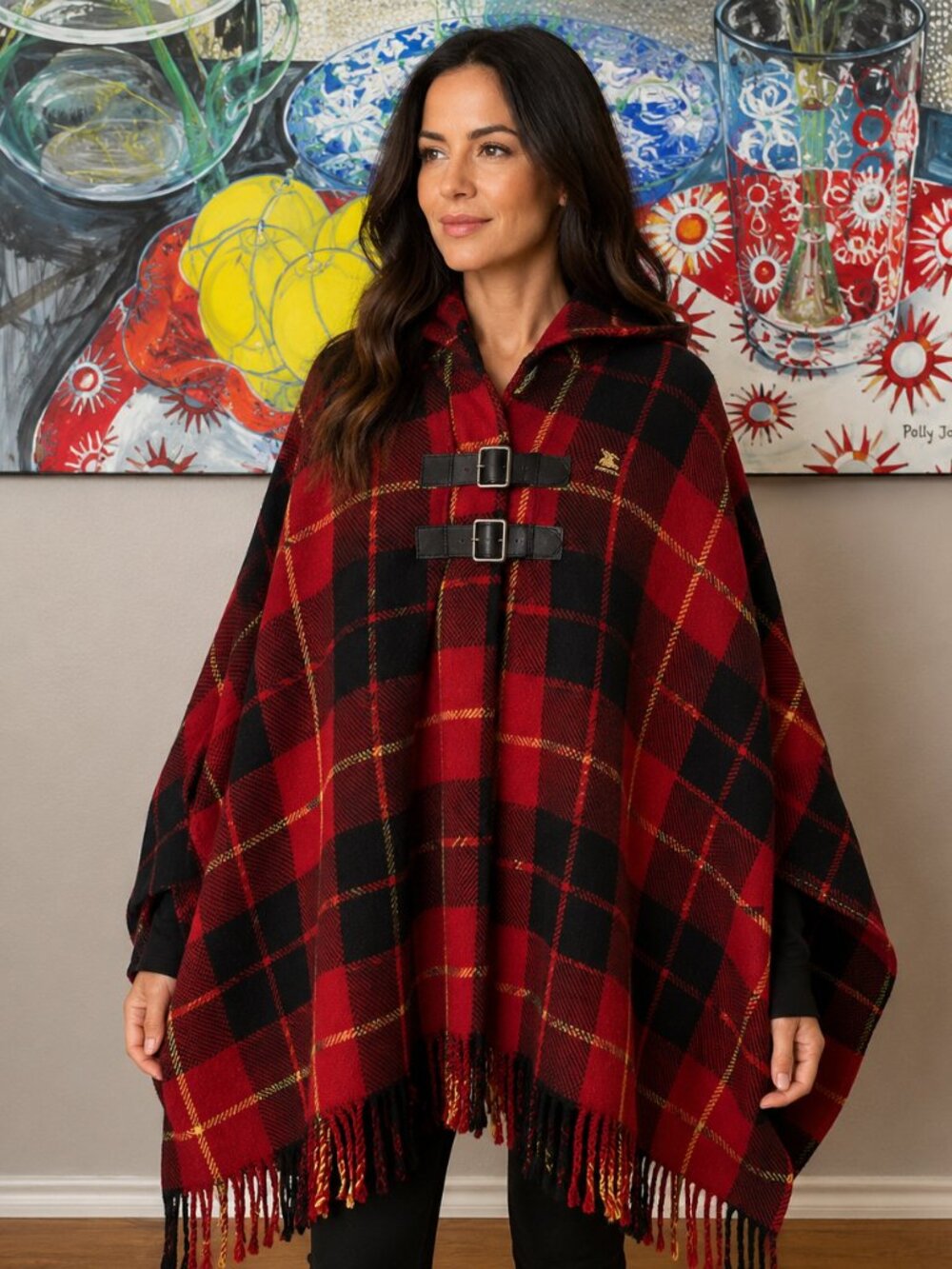 Burberry Hooded Tartan Wool Cape + Gift Bag + Garment Bag